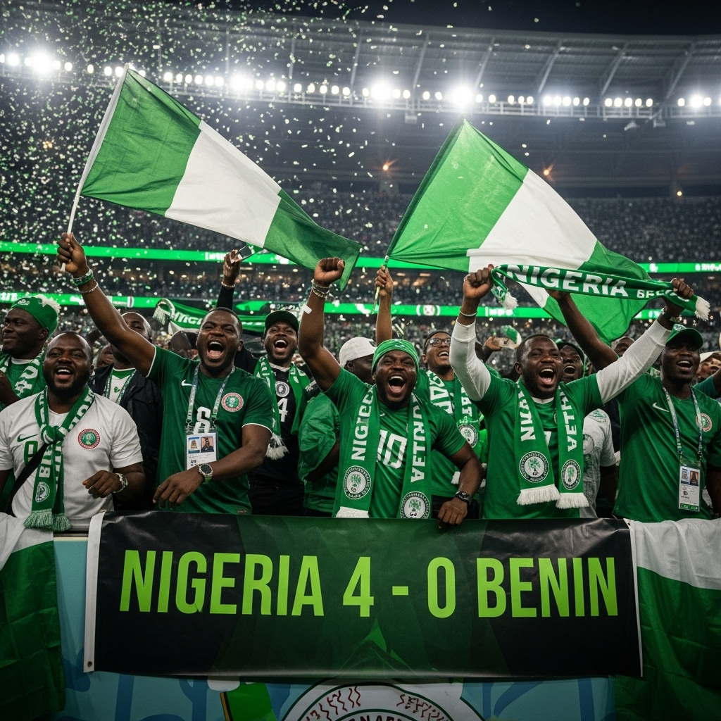 A dramatic, dark-toned 16:9 thumbnail for a blog post. In the foreground, a Nigerian football player, resembling Victor Osimhen, is captured mid-celebration, shouting with passion after scoring a goal. His jersey is a deep green, and he is illuminated by a sharp, focused spotlight. Dynamic, abstract lime green light streaks swirl around him, conveying energy and speed. In the dark, moody background, the stadium crowd is blurred, but a digital scoreboard is partially visible and glowing, displaying "NGA 4 - 0 BEN". The overall color scheme is dominated by dark tones, blacks, and deep greens, sharply contrasted by vibrant lime green accents and white text. The composition is cinematic and emotionally charged.