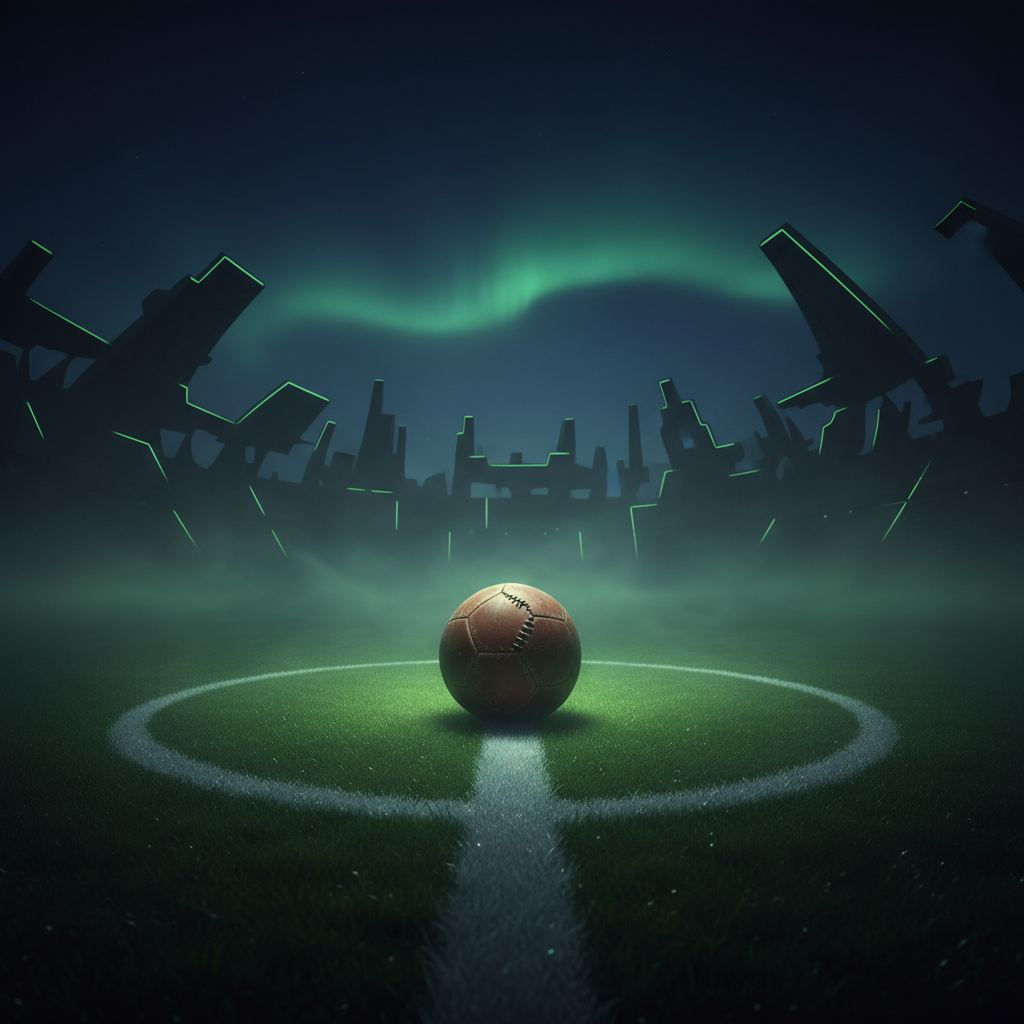 A fictional Torenza passport glowing lime green on a dark non-league football pitch.