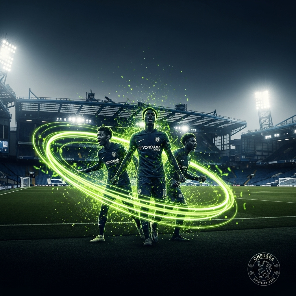 A 16:9 cinematic, dark-toned thumbnail for a football blog post. The background is an atmospheric, slightly blurred view of Stamford Bridge stadium at night under floodlights. In the foreground, three abstract silhouettes of young footballers are captured in a moment of celebration. Streaks of vibrant lime green light and energy particles swirl around them, highlighting their dynamic movement. The Chelsea lion emblem is subtly watermarked in a dark, glossy texture in the lower right corner. The overall mood is energetic, futuristic, and triumphant, perfectly capturing a historic youth-led victory.