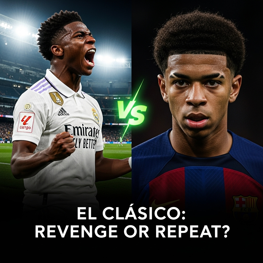 A dramatic thumbnail for El Clásico: Revenge or Repeat? featuring Jude Bellingham and Lamine Yamal.
