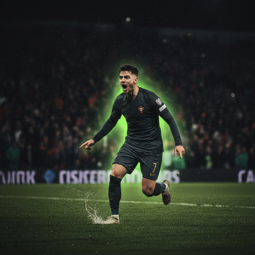 Ireland's goalkeeper Caoimhín Kelleher saves a penalty from Cristiano Ronaldo in a lime green jersey.