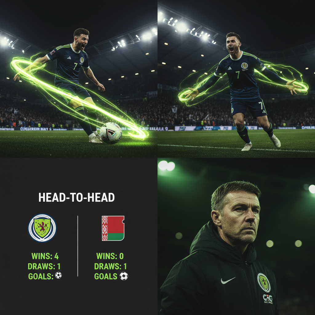 Scotland striker Lyndon Dykes celebrating a goal with dynamic lime green light effects.