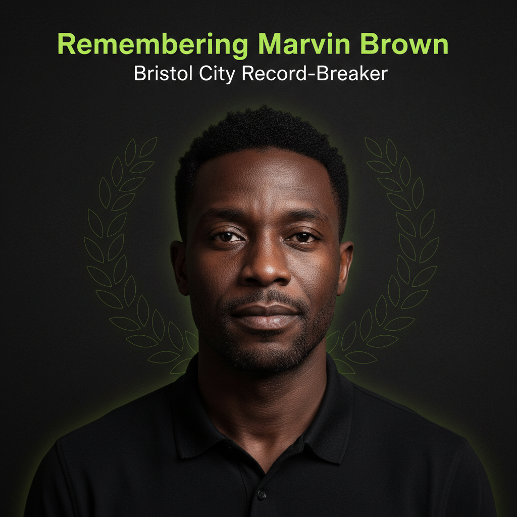A career timeline infographic for footballer Marvin Brown, showing the crests of clubs like Bristol City and Forest Green Rovers against a dark background with lime green accents.
