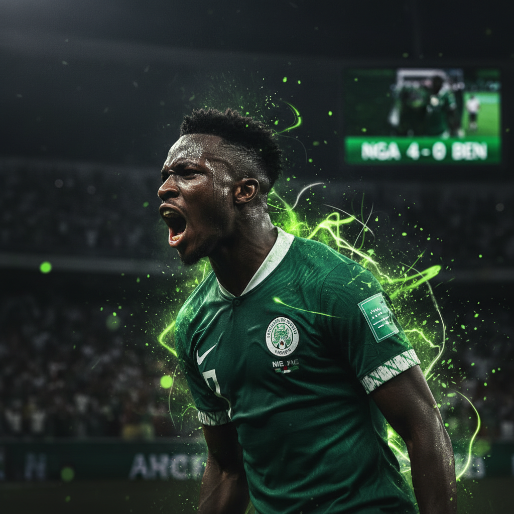 Tactical view of Nigeria vs Benin match with lime green graphic overlays showing Super Eagles attacking strategy.