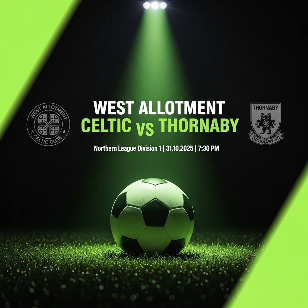 A dramatic, high-contrast 16:9 thumbnail for a football match preview. The background is a dark, textured charcoal grey. A vibrant, electric lime green light splits the image diagonally. In the center, bold typography reads "WEST ALLOTMENT CELTIC vs THORNABY" with match details below.