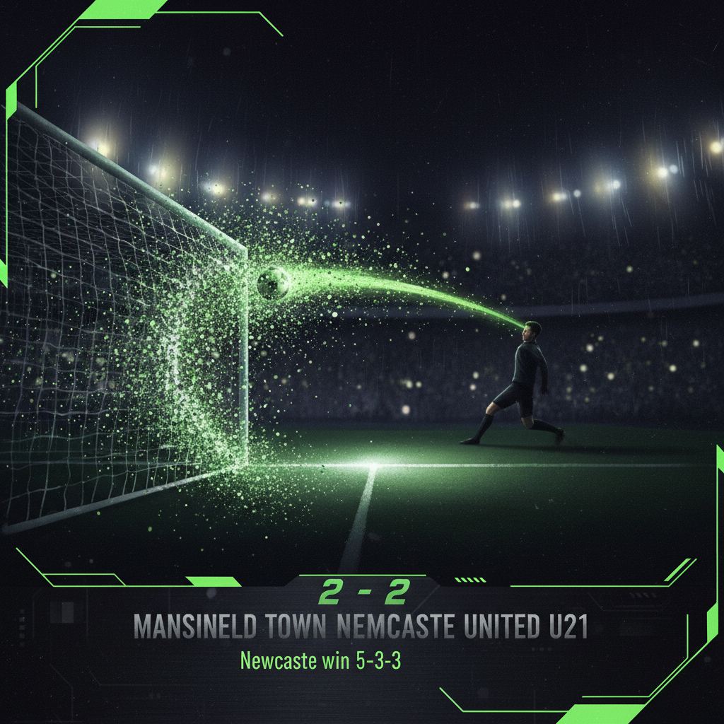 Stylized illustration of a penalty shootout in the Mansfield Town vs Newcastle U21 EFL Trophy match.