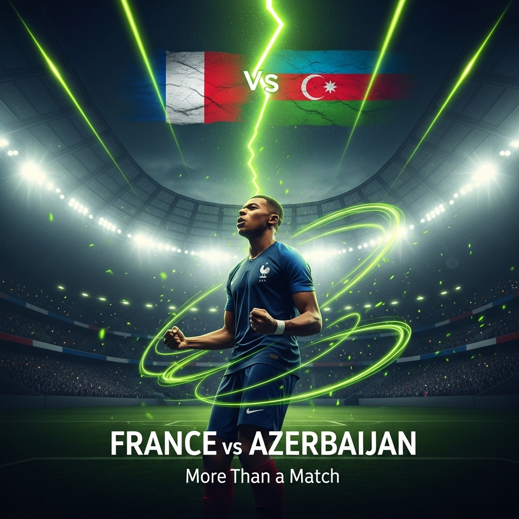 A dramatic 16:9 thumbnail with a dark, moody background and a lime green color scheme. The image is split diagonally. The left side features a stylized, abstract graphic of a football with glowing lime green energy trails, representing sporting action. The right side features the national flags of France and Azerbaijan, subtly clashing and fading into the dark background, representing political tension. In the center, the text "FRANCE vs AZERBAIJAN" is displayed in a bold, modern, lime green font, with a smaller subtitle below reading "More Than a Match."