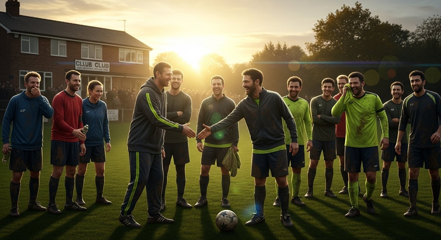 Amateur footballers enjoying camaraderie after a Sunday League match, embodying the social aspect of grassroots football.
