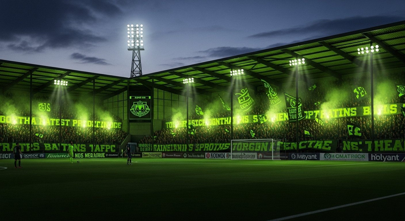 Crowded non-league football stadium at dusk, fans waving flags and flares, vibrant atmosphere.