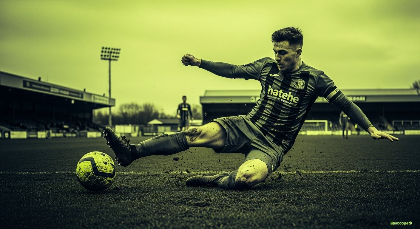 Non-league football player sliding tackle on a muddy pitch, showing determination.