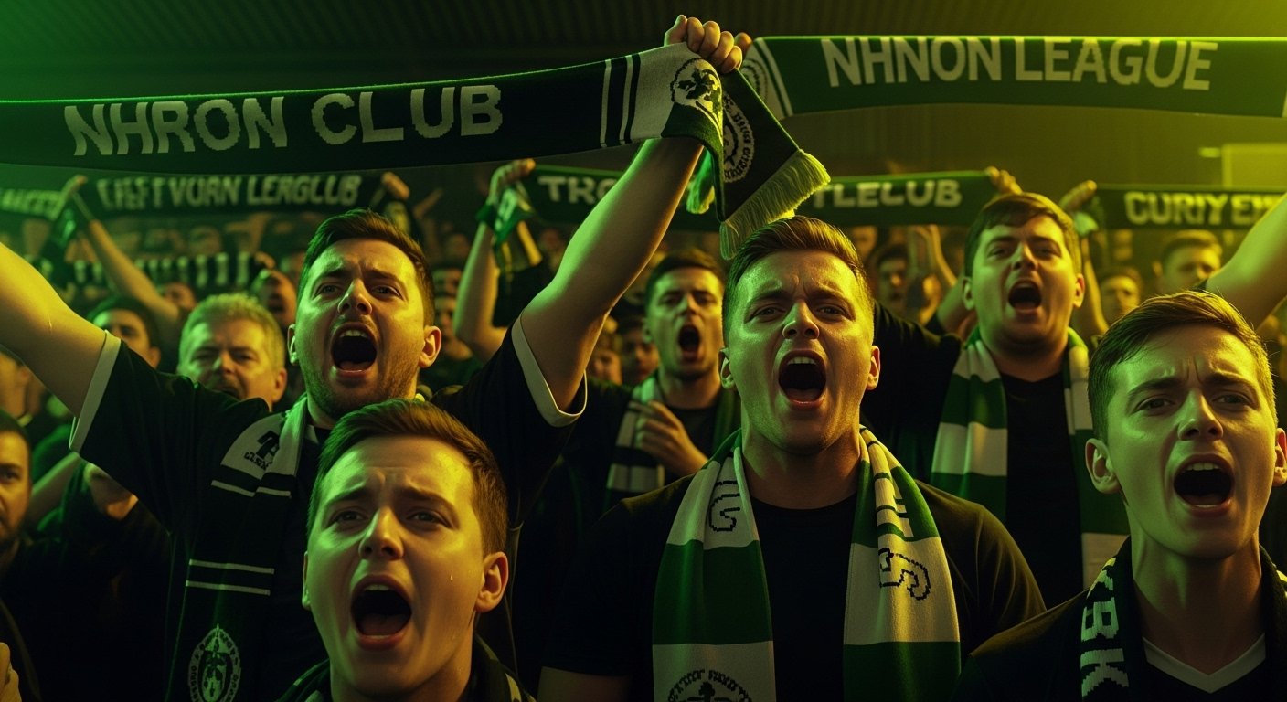 Passionate non-league football fans cheering in the stands, wearing club scarves.