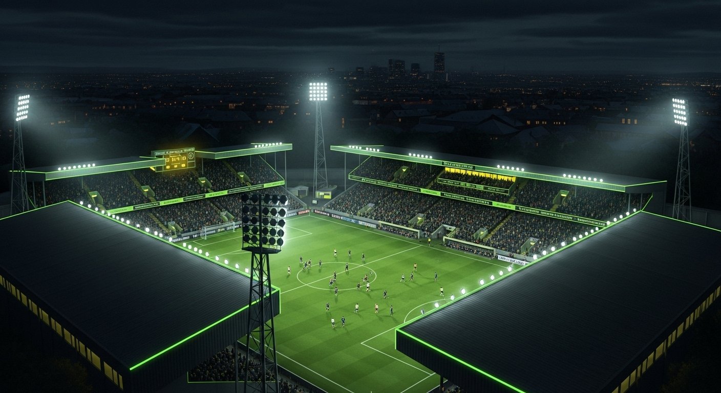 Aerial view of a non-league stadium with fans on terracing during a lively match.