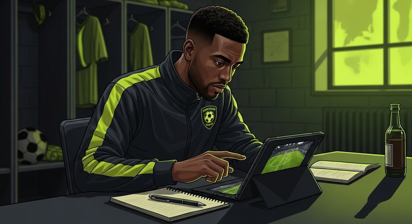Non-league footballer intently analyzing game footage on a tablet, demonstrating commitment to improving tactical awareness and individual performance.