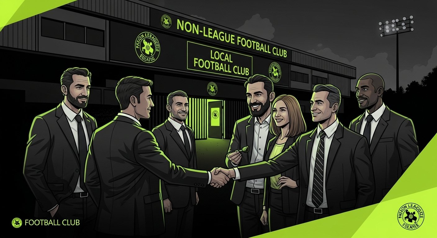 Local business owners and football club representatives shaking hands, symbolizing sponsorship, in front of a non-league stadium entrance.