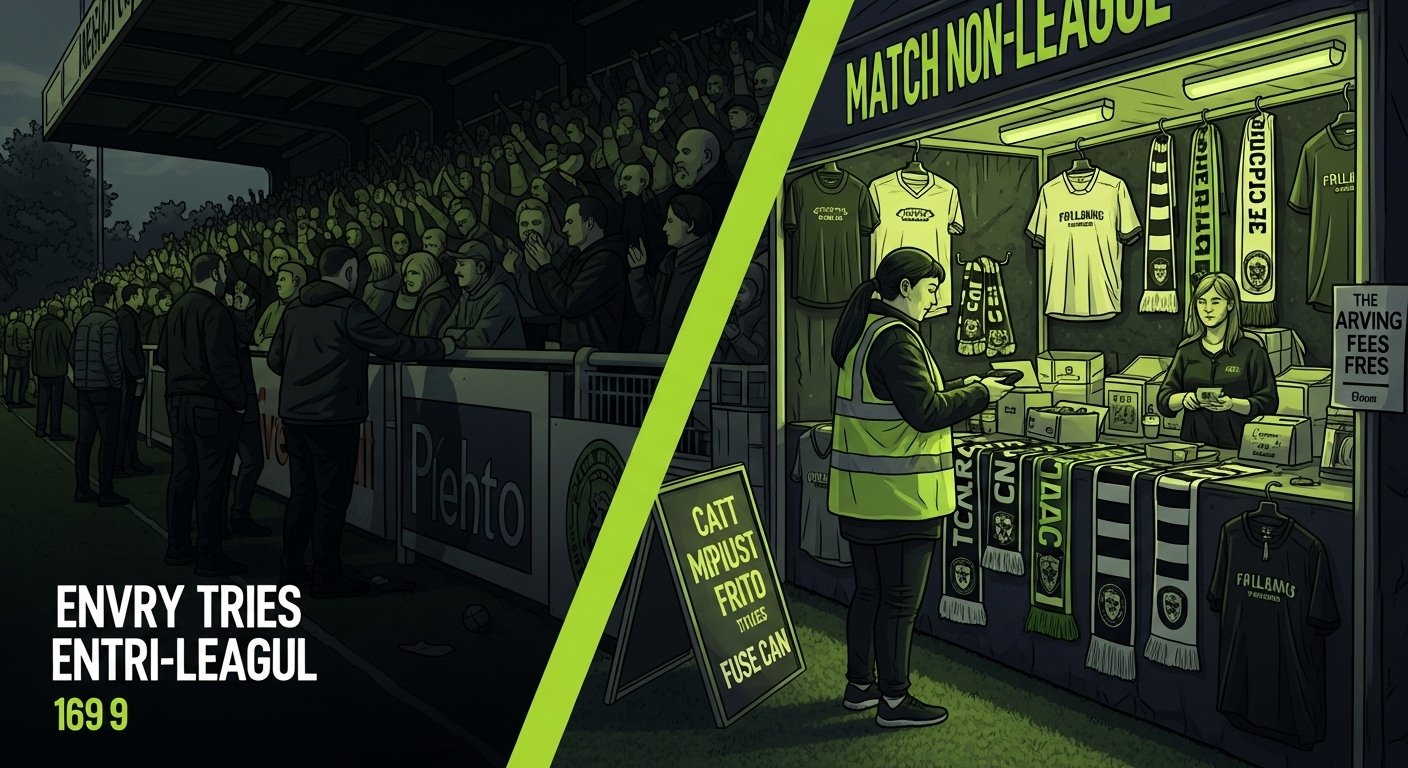 Lively non-league football matchday, fans cheering, merchandise stall with club gear, volunteer collecting fees.