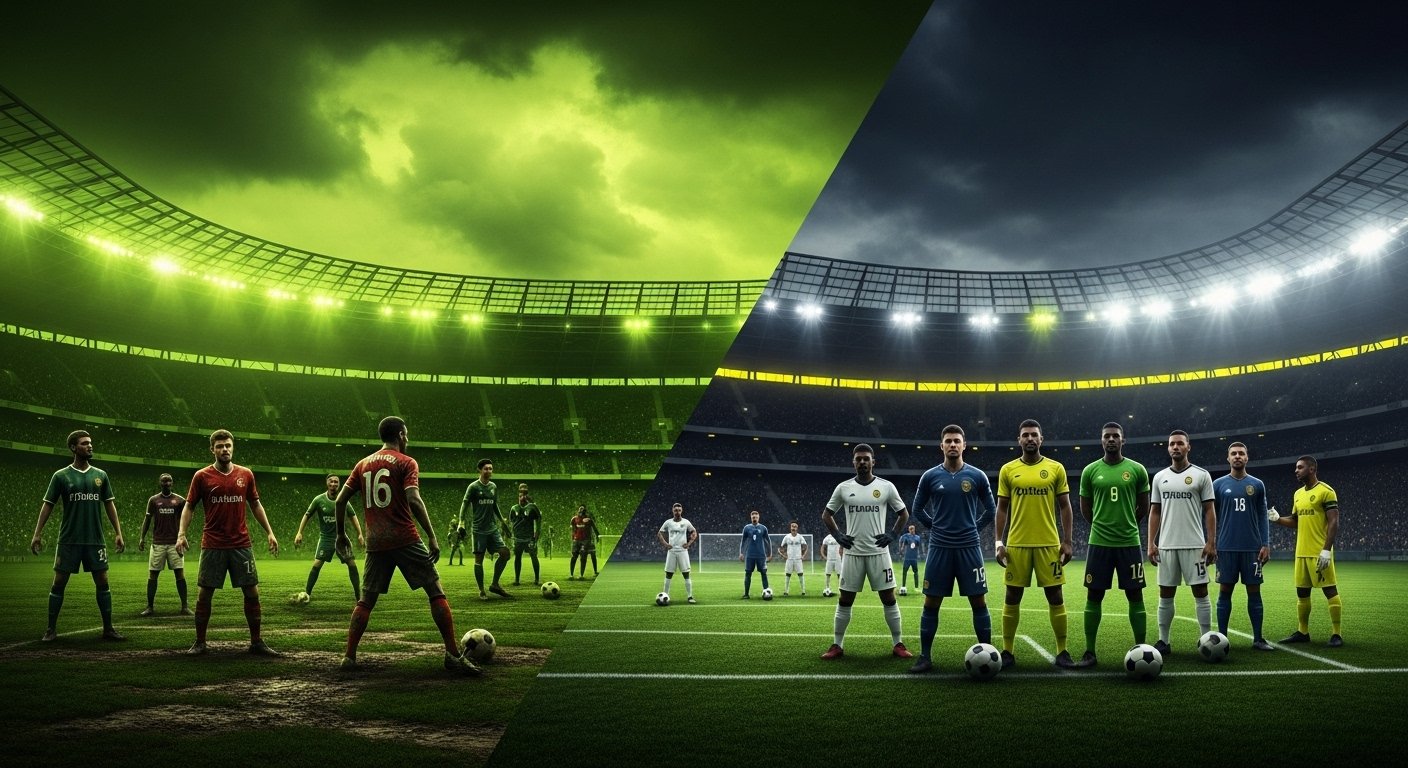 Side-by-side comparison of a casual Sunday League match on a muddy pitch and a professional football game in a large, illuminated stadium, highlighting the contrast.