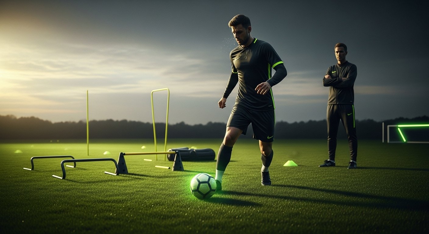A professional football player during an intense training session, demonstrating dedication and high-level athletic preparation.