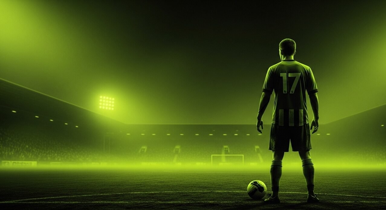 A lone footballer stands on a muddy non-league pitch under dark, lime-green and yellow-tinted lights, symbolizing the journey to professionalism.