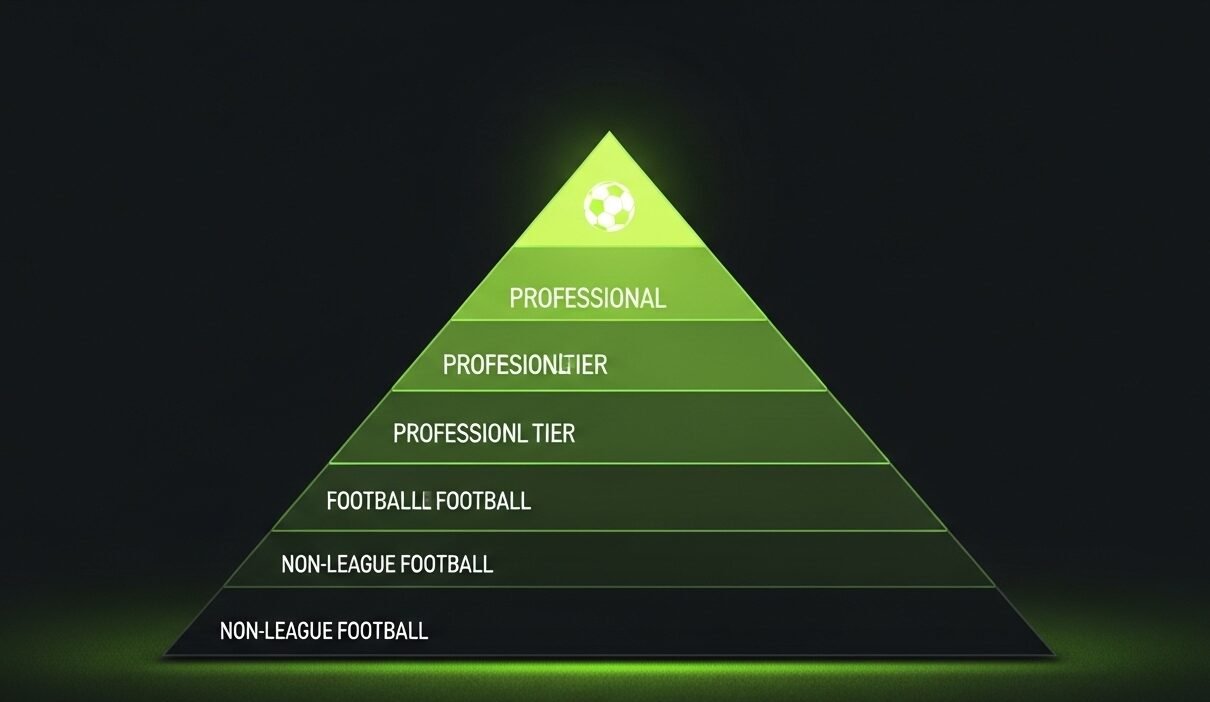 A visual representation of the football league pyramid, showing progression from lower, darker tiers to the illuminated top professional leagues.