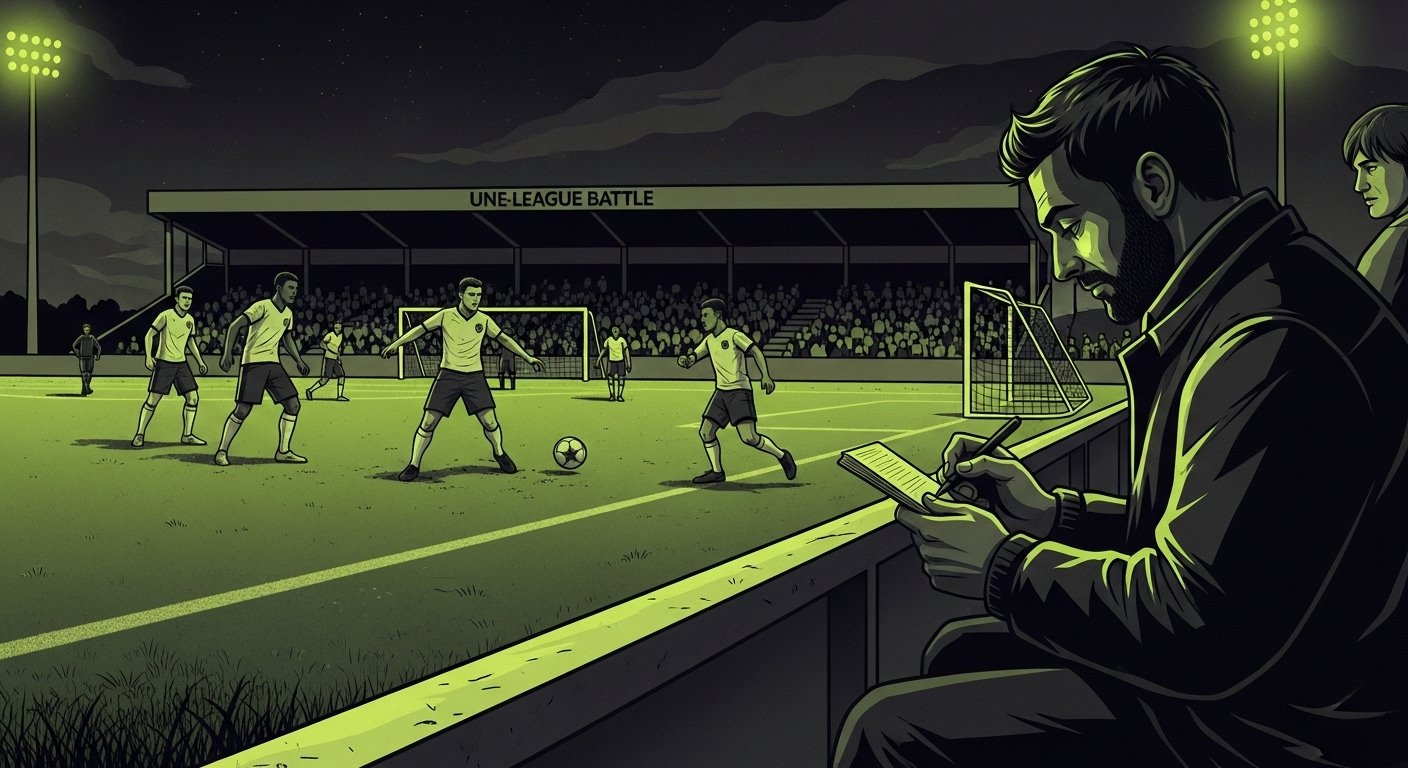 A football scout intently watches a non-league match from the sidelines, notepad in hand, observing players on a green pitch.