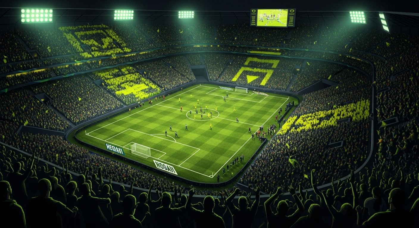 An aerial view of a packed professional football stadium, showcasing the immense scale and passionate fan experience.