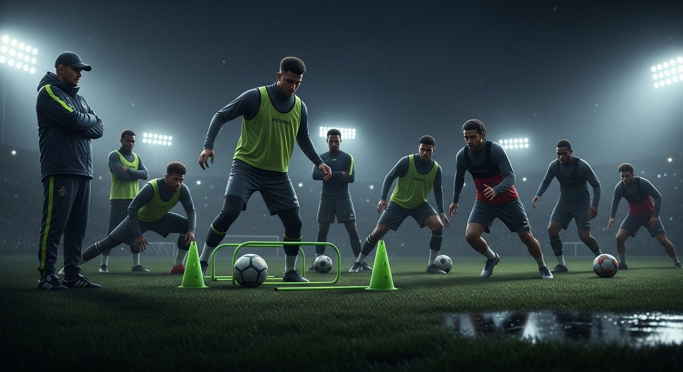 Non-league players engaged in a football training session, demonstrating teamwork and effort.