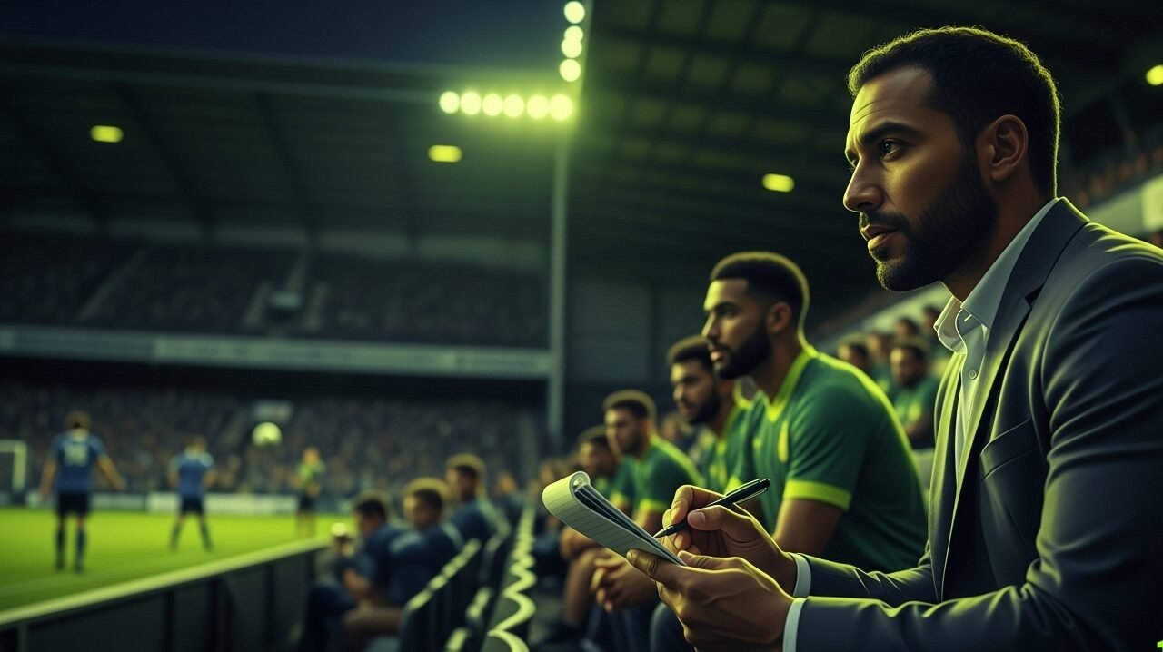 Football scout attentively watching a non-league match from the stands, evaluating player performance and potential.