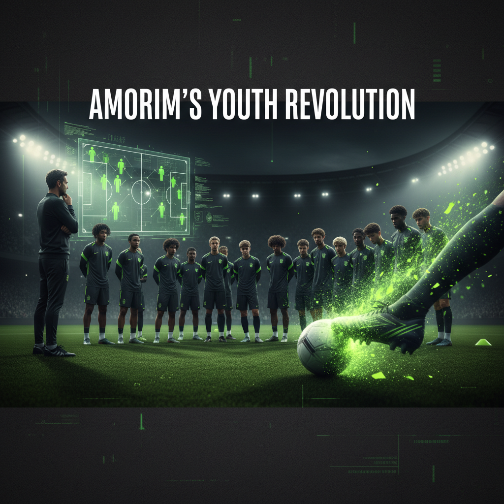 Young footballers listen intently to their coach during a night training session.