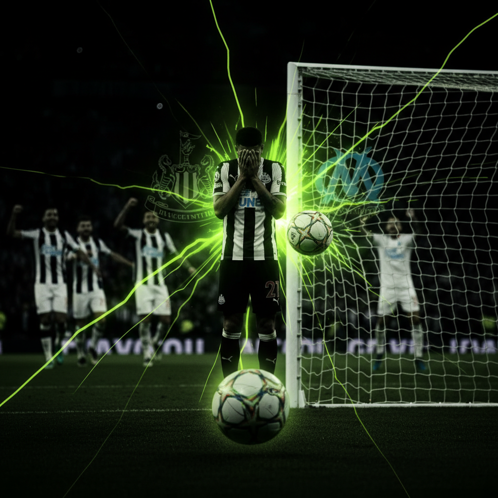 A football hitting the back of the net, illuminated in lime green against a dark background, symbolizing a crucial goal in the Champions League.