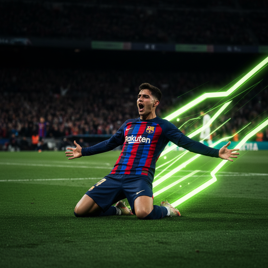 Lamine Yamal of Barcelona dribbles the ball during the dominant La Liga victory against Athletic Bilbao.