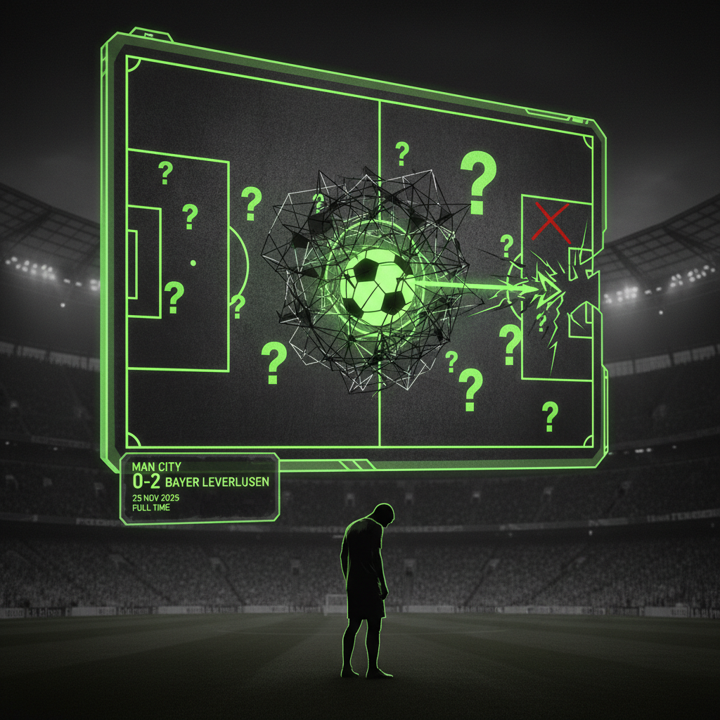 An abstract visual representing Manchester City's lack of clinical edge against Bayer Leverkusen.