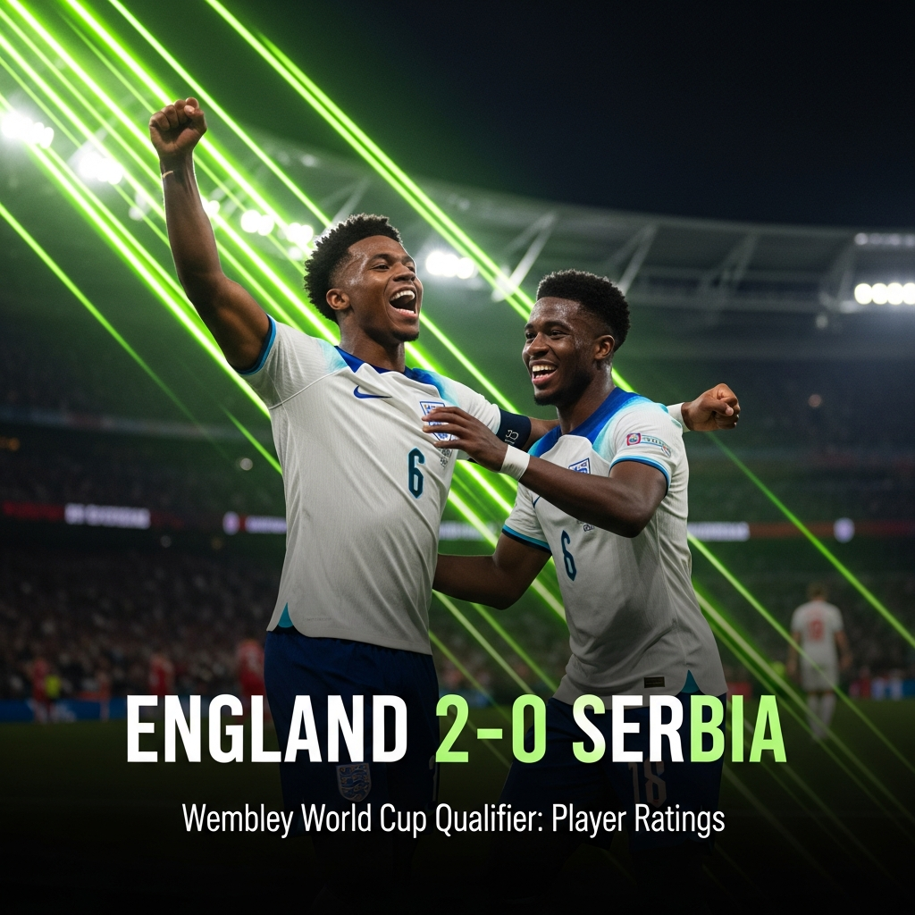 A dynamic 16:9 football match thumbnail with a dark charcoal and black background, accented by vibrant, electric lime green light trails. In the foreground, England's Jude Bellingham is captured mid-celebration after scoring a goal, with Bukayo Saka joining him. Both players are wearing the England home kit. The dramatic lighting casts strong shadows, creating a high-contrast, moody atmosphere. The text "ENGLAND 2-0 SERBIA" is displayed prominently in a bold, modern lime green font, with a smaller subheading "Wembley World Cup Qualifier: Player Ratings" in white.