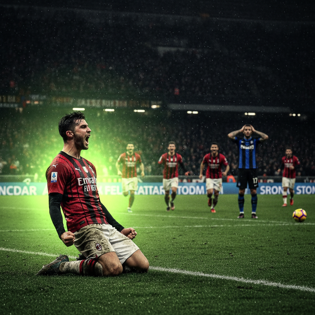 AC Milan players celebrate their 1-0 derby victory over Inter Milan in a team huddle on the pitch.