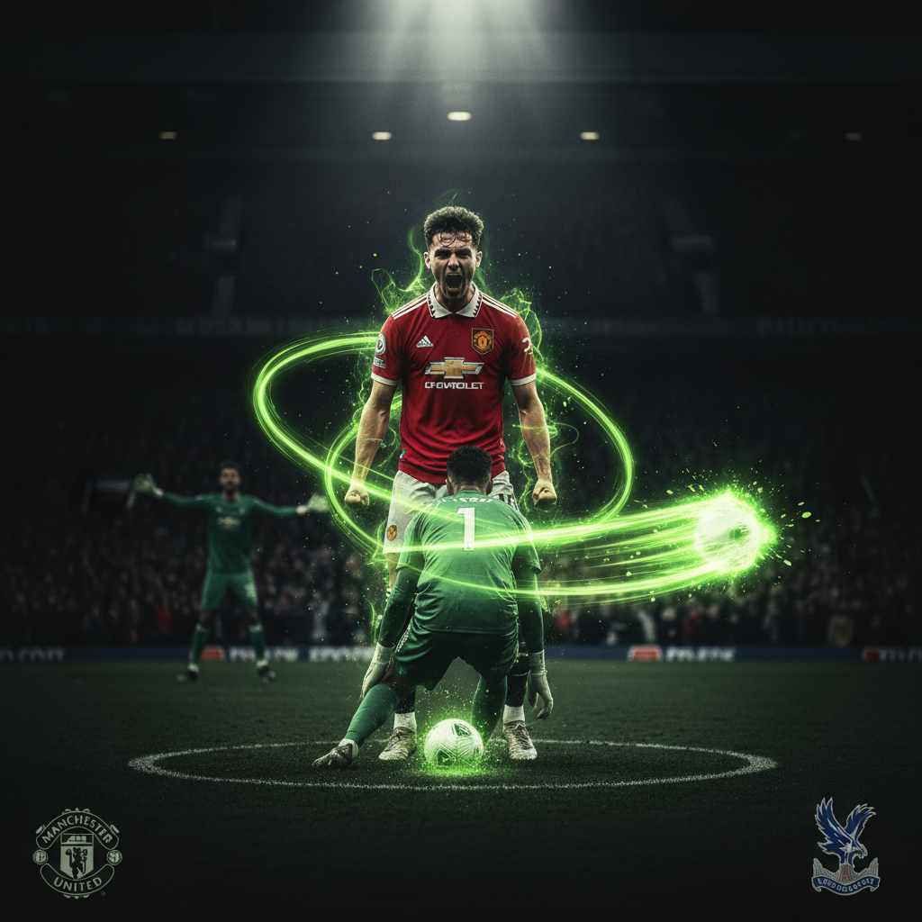 Joshua Zirkee of Manchester United scores the equalizer with a powerful shot, illustrated with lime green light and motion blur effects.