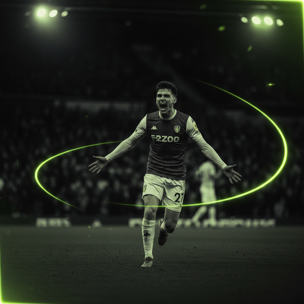 Leeds manager Daniel Farke looking concerned on the touchline, in a dark-toned image with a lime green color scheme.