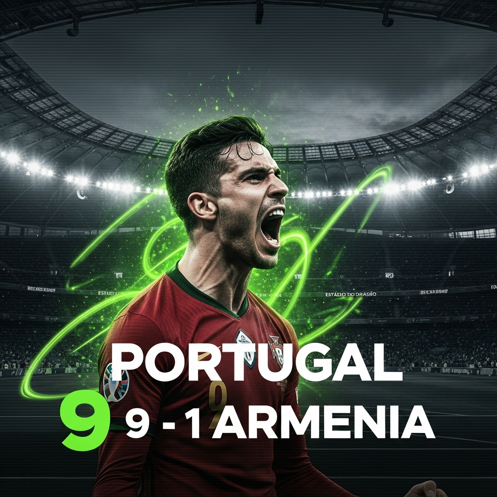 João Neves celebrating a goal in a Portugal kit, with "PORTUGAL 9 - 1 ARMENIA" overlaid on a dark, energetic stadium background.