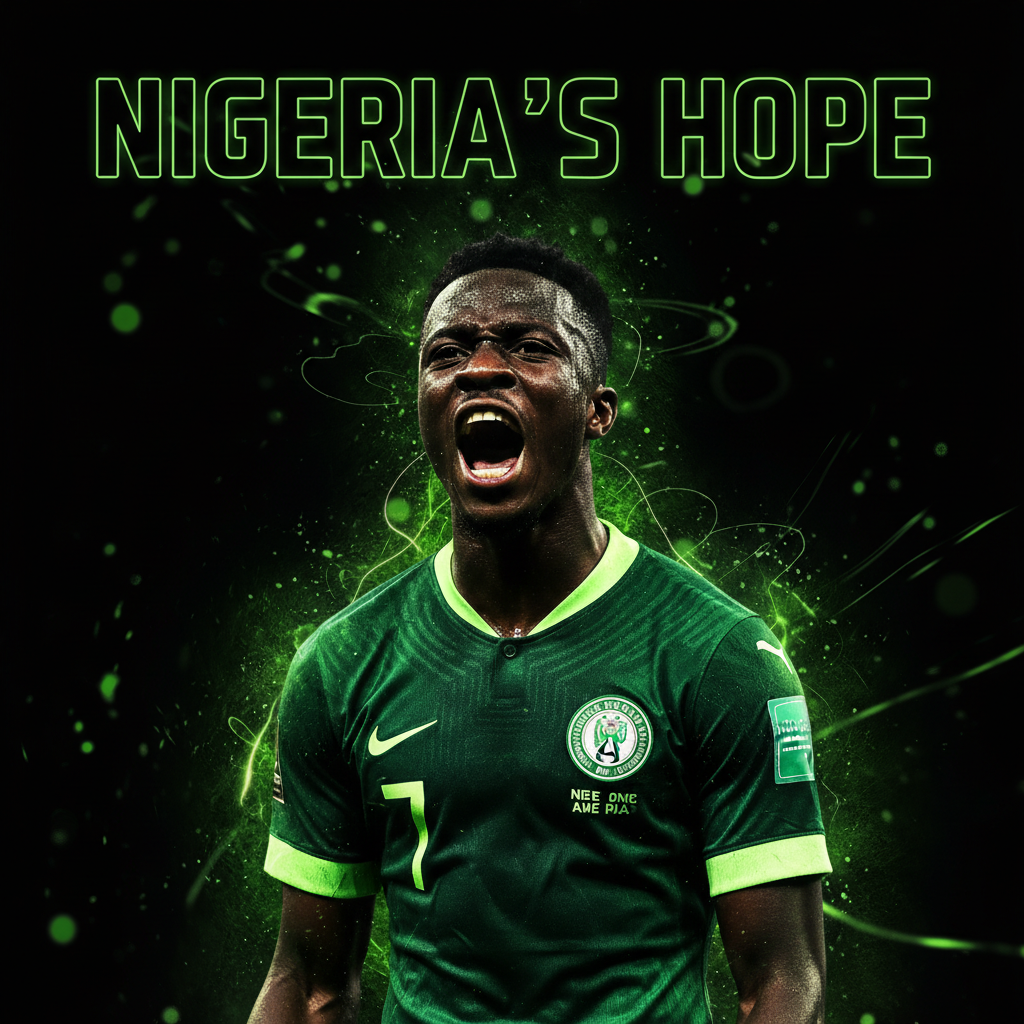 Victor Osimhen in mid-air, powerfully heading a football during a World Cup qualifier.