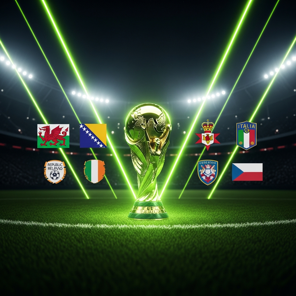 A dramatic 16:9 thumbnail for a blog post about the FIFA World Cup 2026 playoff draw. The image has a dark, atmospheric tone. In the center, a highly detailed, metallic FIFA World Cup trophy glows with an internal lime green light. To the left of the trophy are the national crests of Wales and Bosnia and Herzegovina, and to the right are the crests of Northern Ireland and Italy. Below them, the crests of Republic of Ireland and Czech Republic. The crests are slightly faded into the dark background but illuminated by sharp, diagonal lime green light streaks that cut across the image, giving a sense of speed and action. The background is a texture resembling a dark football pitch at night under faint stadium lights. The overall color scheme is exclusively dark charcoal, black, and vibrant electric lime green.