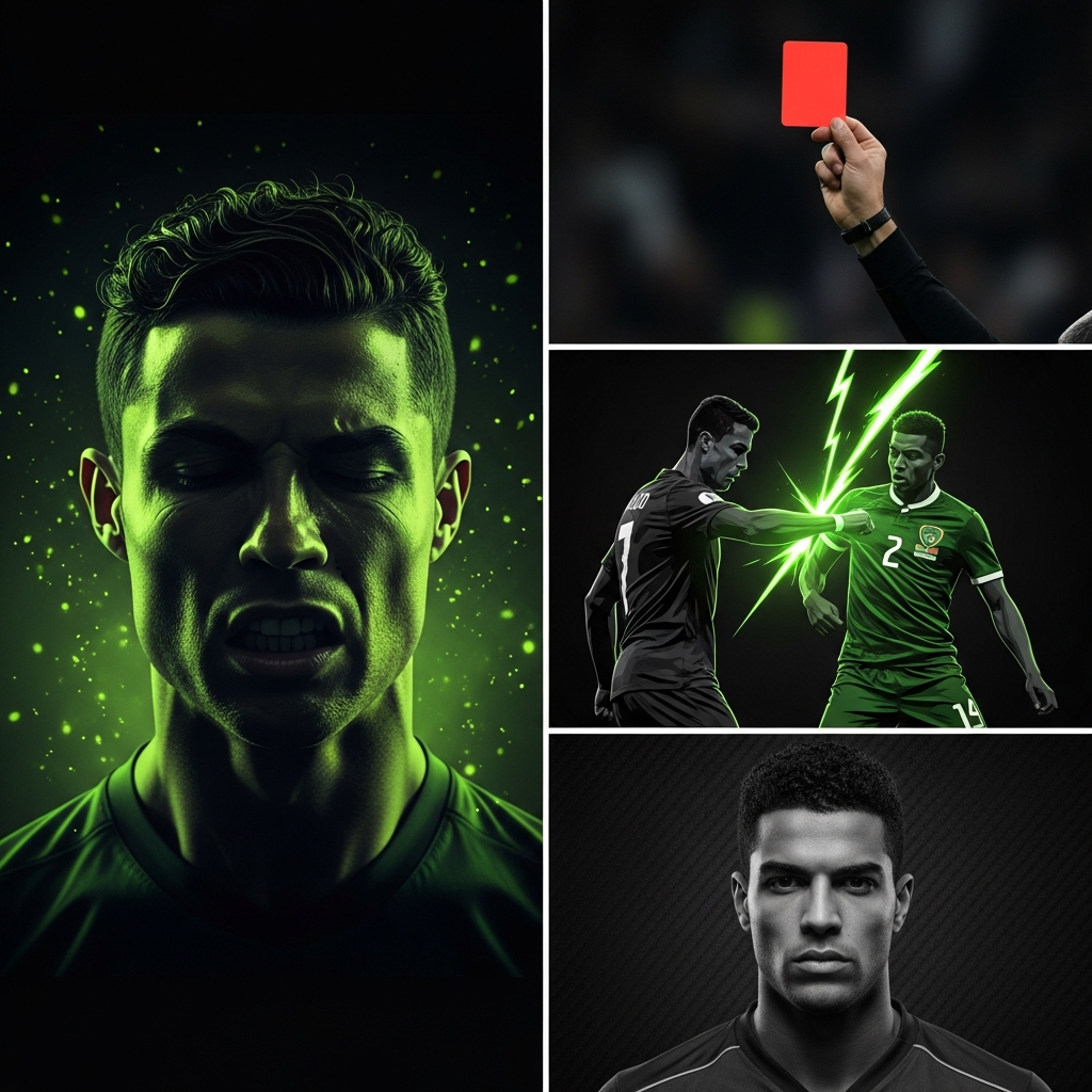 A dramatic, dark-toned close-up shot of Cristiano Ronaldo looking intensely frustrated. His face is illuminated by a sharp lime green light from the side, casting deep shadows. In the blurred background, a referee's hand is visible, holding a glowing red card. The overall mood is tense and cinematic, with lime green particle effects subtly floating in the air to enhance the modern, edgy aesthetic.