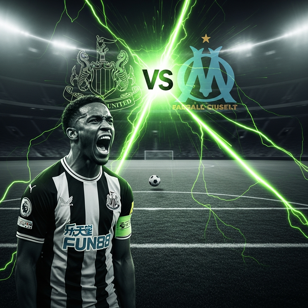 A dramatic, abstract 16:9 thumbnail for a football blog post, symbolizing chaos and speed with lime green light and blurred team crests.