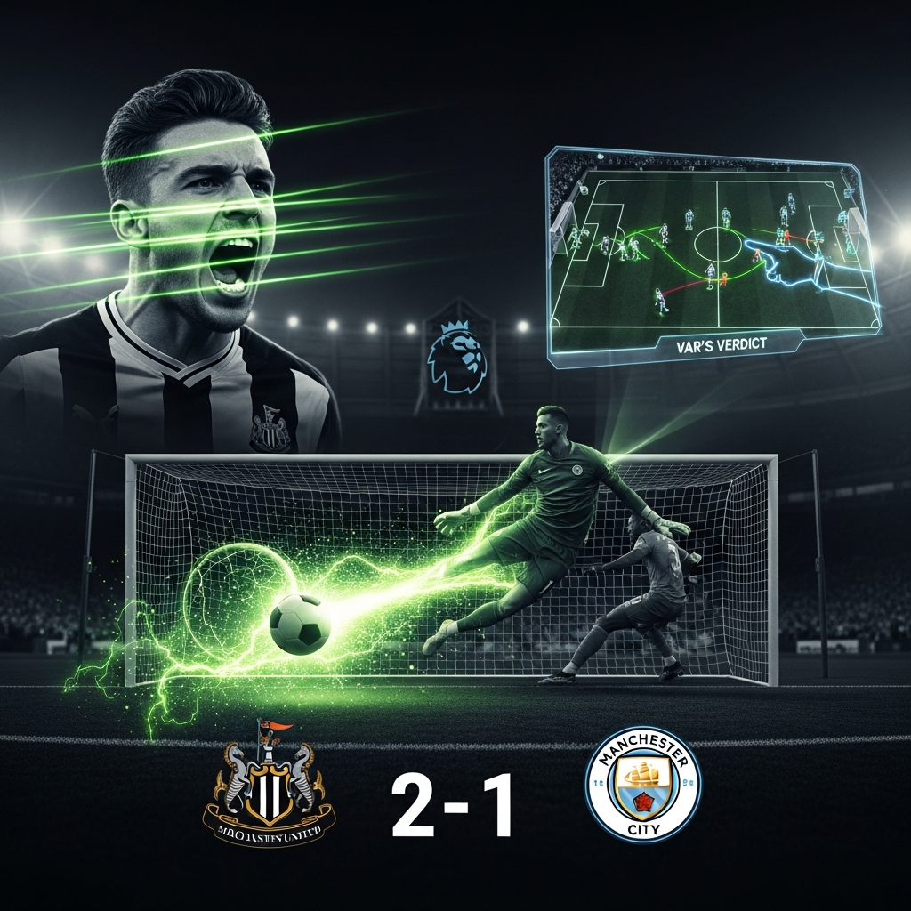 A dramatic 16:9 cinematic shot for a football blog post. The scene is dark and moody, dominated by deep charcoal and black tones. In the center, a stylized, abstract football goal. A ghostly, shadowy figure of a goalkeeper is shown being pushed away from the goal by an unseen force. A football, glowing intensely with a vibrant lime green light, flies into the open net. Lime green energy streaks and particles emanate from the ball. In the foreground, subtly out of focus, are the crests of Newcastle United and Manchester City. The score "2-1" is displayed prominently in a modern, sharp lime green font.