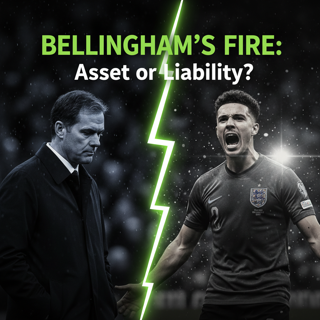 Jude Bellingham dribbling with intense focus for England, highlighted by a dynamic lime green and dark color scheme.