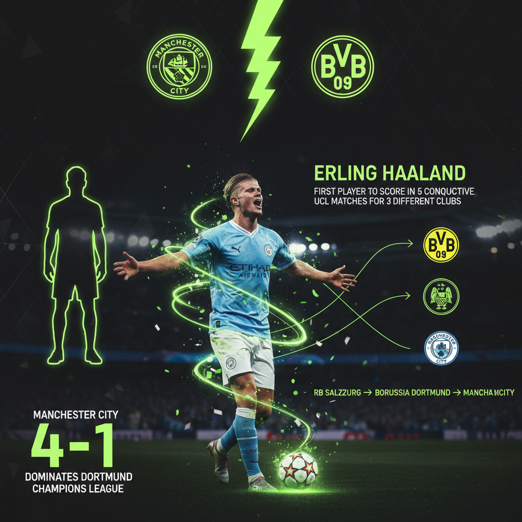 Manchester City player celebrating a goal against Dortmund in a dominant victory.