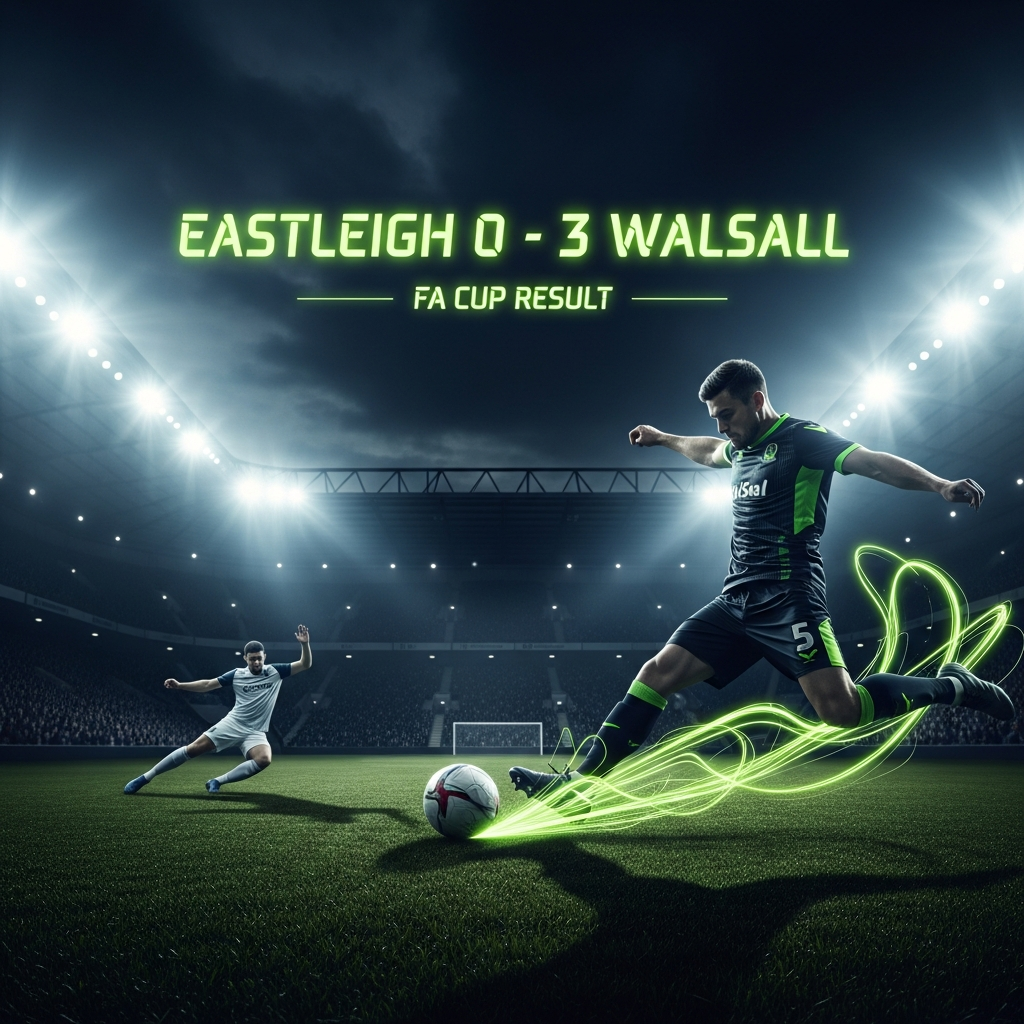 A dramatic, dark-toned 16:9 image of a football match under floodlights. A Walsall player in a dark kit with lime green trim is captured mid-strike, the ball blurring as it leaves his foot. Abstract lime green light trails swirl around the player and the ball, emphasizing the motion and energy. In the foreground, an Eastleigh defender is sliding in for a last-ditch tackle. The stadium background is dark and out of focus. Bold, futuristic lime green text overlay reads "EASTLEIGH 0 - 3 WALSALL" with "FA CUP RESULT" in smaller text below. The overall mood is intense and high-tech.