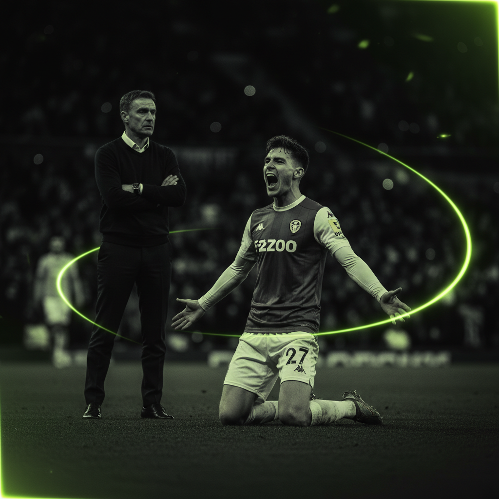 Lukas Nmecha celebrates scoring for Leeds United against Aston Villa in a dark-toned image with lime green accents.