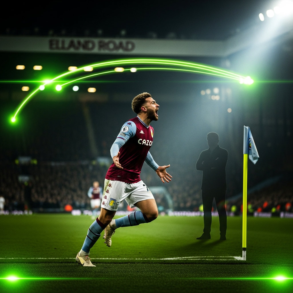 A 16:9 dynamic sports action shot of Morgan Rogers celebrating his spectacular free-kick goal for Aston Villa. Rogers is mid-shout, passion etched on his face, with his arms outstretched as he runs towards the corner flag. The Aston Villa kit's claret and blue are visible but stylized with a dark, moody overlay. The background is a blurred Elland Road stadium, with the crowd's disappointment palpable. The key lighting is a dramatic, cinematic spotlight on Rogers, with vibrant lime green light trails streaking across the image to represent the ball's powerful trajectory into the goal. The overall color scheme is dark and intense, dominated by blacks and deep grays, powerfully contrasted by the electric lime green accents.