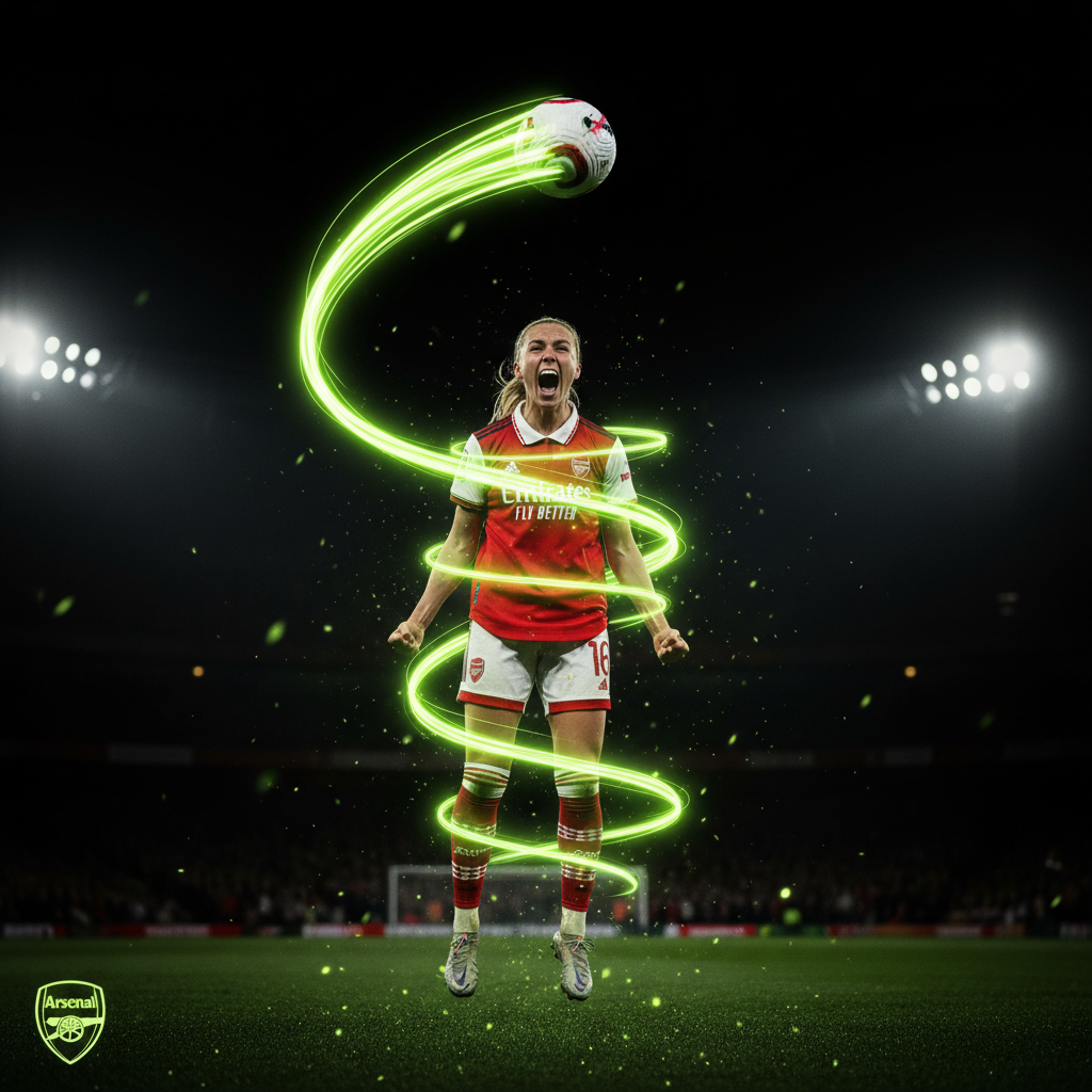 Alessia Russo scores a powerful header for Arsenal, highlighted with a lime green motion trail against a dark background.