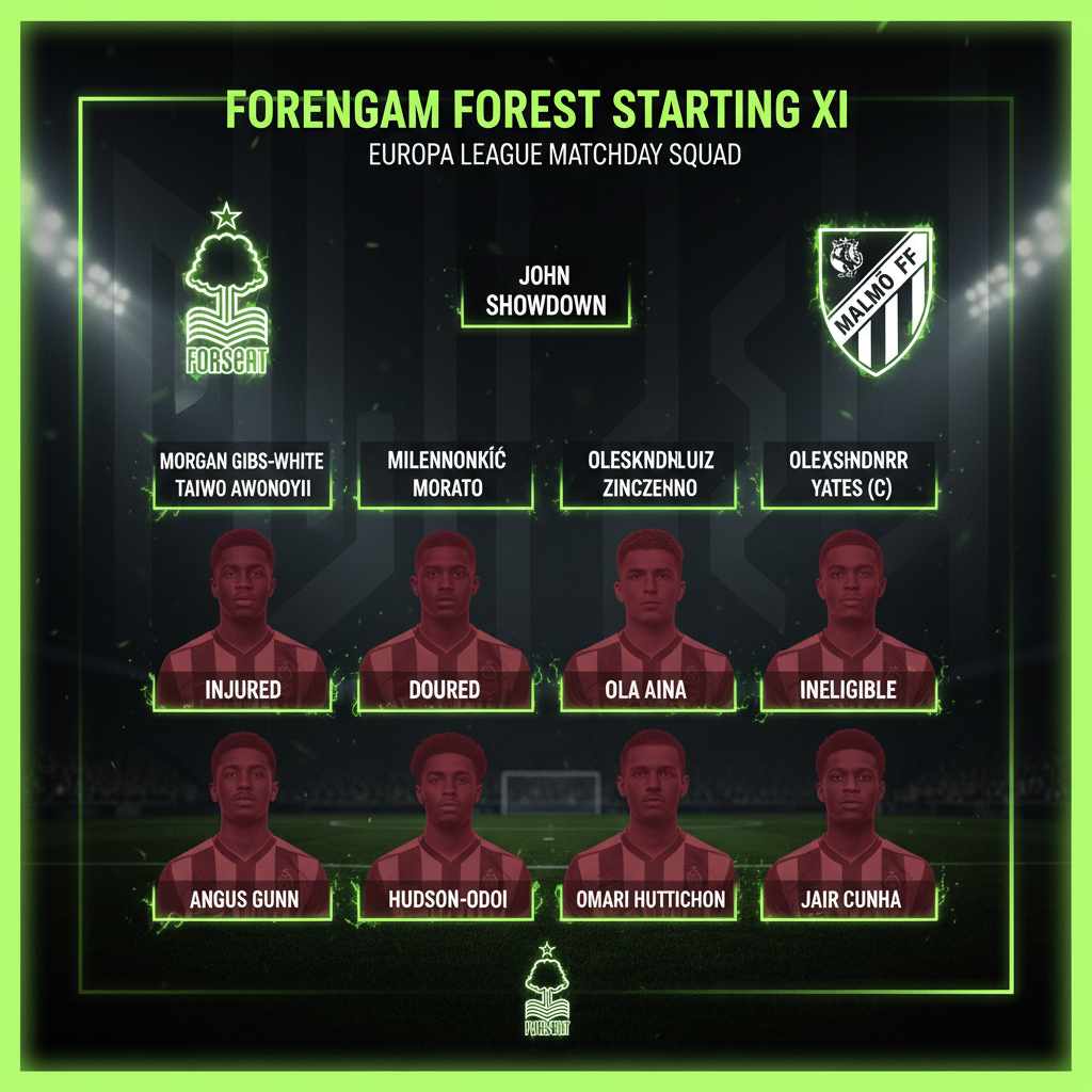 Graphic detailing Nottingham Forest's injured and ineligible players for the Malmo match, using a dark and lime green theme.