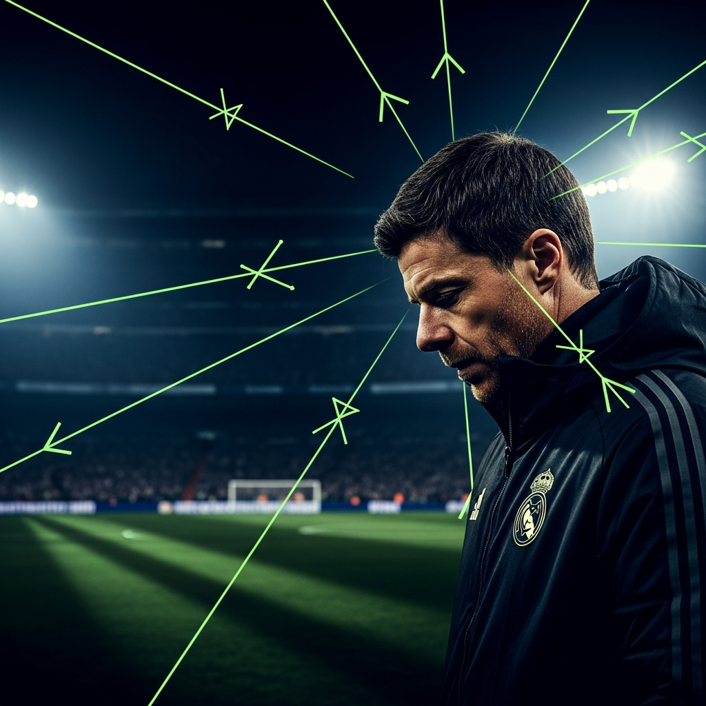 A dramatic, dark-toned 16:9 cinematic shot of Real Madrid manager Xabi Alonso standing on the sidelines during a tense night match. He is in profile, looking down at the pitch with a thoughtful, concerned expression. The stadium lights create a moody, high-contrast atmosphere, casting long shadows. Abstract, glowing lime green tactical lines and arrows are overlaid on the image, visualizing the strategic pressure and decisions weighing on him. The Real Madrid crest on his dark jacket is subtly illuminated.