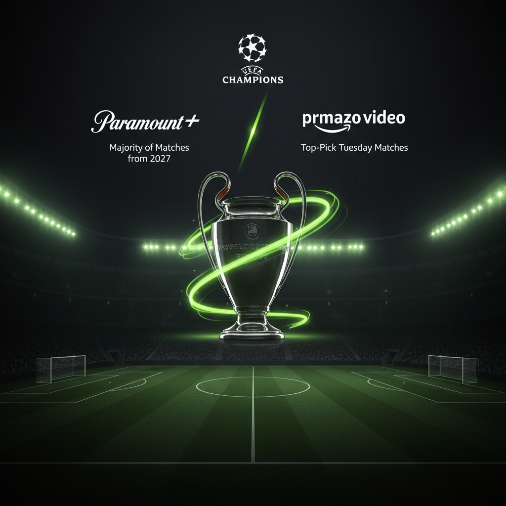 A graphic showing the Paramount+ and Amazon Prime Video logos, explaining the new split for UK Champions League broadcasting rights from 2027.